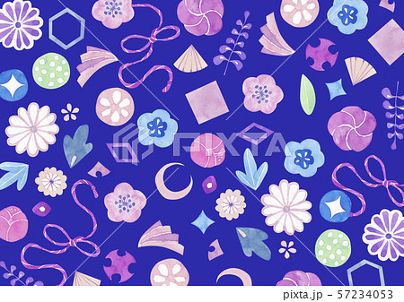 和柄 花柄 背景 テキスタイル 水彩 イラスト カラフル 青のイラスト素材