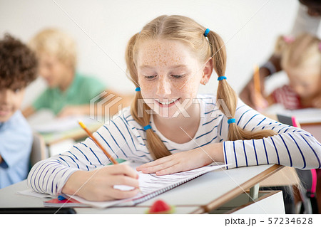 Smiling girl with freckles smiling while writing at the lesson 57234628