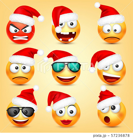 Emoticon vector set. Yellow face with emotions and Christmas hat. New Year, Santa. Winter emoji. Sad 57236878