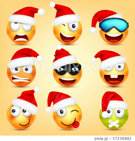 Emoticon vector set. Yellow face with emotions and Christmas hat. New Year, Santa. Winter emoji. Sad 57236882