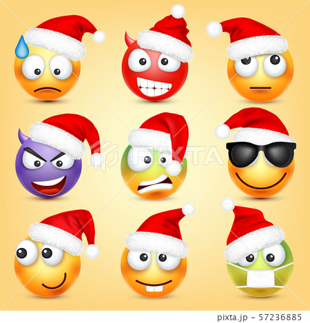Emoticon vector set. Yellow face with emotions and Christmas hat. New Year, Santa. Winter emoji. Sad 57236885