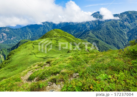 雨飾山登山 （雨飾山山頂から笹平と焼山の眺め） 57237004