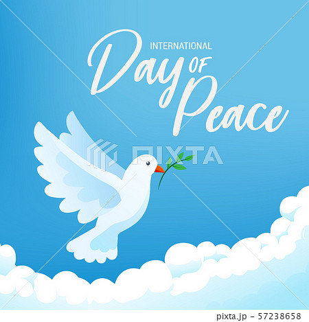 International day of peace banner poster with white bird and olive branch in clear blue sky, vector 57238658