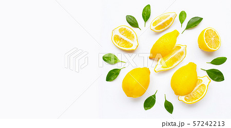 Fresh lemon and slices with leaves isolated on Fresh lemon and slices with leaves isolated on 57242213