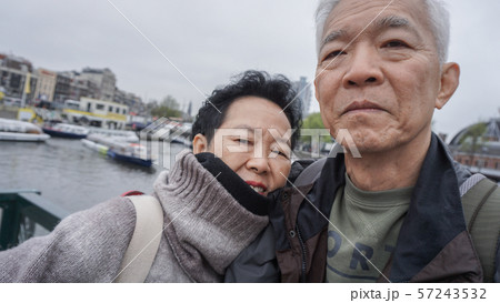 Asian senior couple selfie happy retirment trip to 57243532