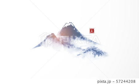 Ink wash painting with blue mountains on white background. Traditional oriental ink painting sumi-e Ink wash painting with blue mountains on white background. Traditional oriental ink painting sumi-e 57244208