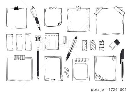 Doodle notes. Diary notebook and paper sheets with pin pen pencil and stationery, hand drawn sticky 57244805
