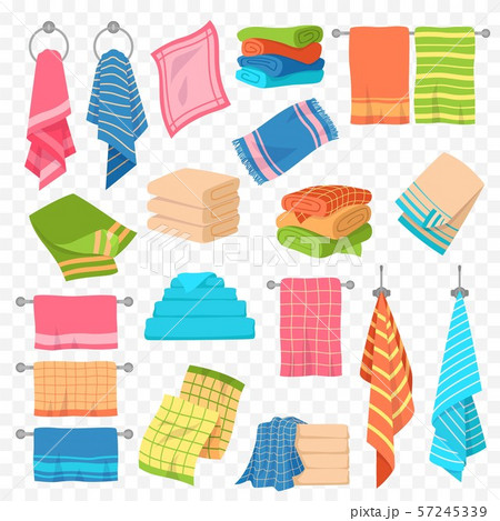 Cartoon towel. Kitchen, beach and bath hanging or stacked towels. Rolls for spa hygiene, textile Cartoon towel. Kitchen, beach and bath hanging or stacked towels. Rolls for spa hygiene, textile 57245339