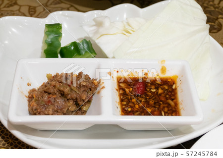 Burmese fermented dipping sauces in dip bowls Burmese fermented dipping sauces in dip bowls 57245784