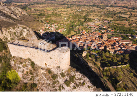 Aerial view of ancient ruins of Poza de la Sal castle in Burgos, Castile and Leon, Spain. 57251140