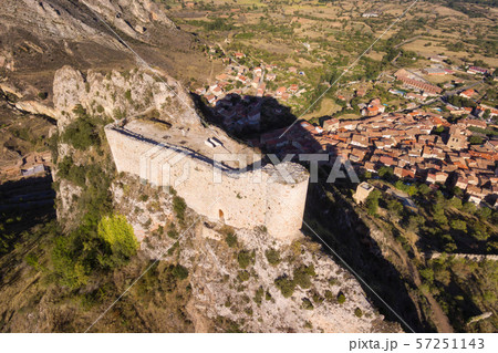 Aerial view of ancient ruins of Poza de la Sal castle in Burgos, Castile and Leon, Spain. Aerial view of ancient ruins of Poza de la Sal castle in Burgos, Castile and Leon, Spain. 57251143