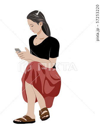 ベンチに座ってスマホを見る女性のイラスト素材
