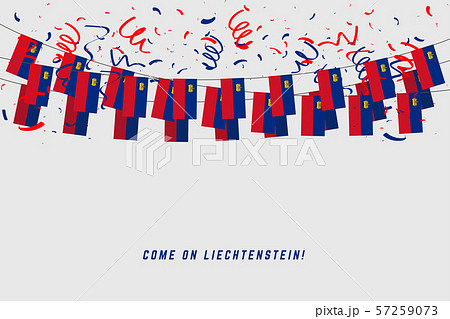 Liechtenstein flag with confetti on white background, Hang bunting for Liechtenstein celebration template banner. 57259073