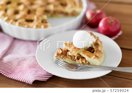 piece of apple pie with ice cream on plate piece of apple pie with ice cream on plate 57259324
