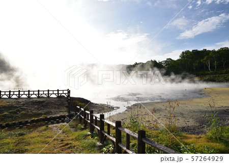 北海道蘭越町でニセコ湯元大湯沼の朝の風景を撮影 57264929