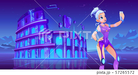 Girl selfie on Coliseum neon sci-fi background 57265572