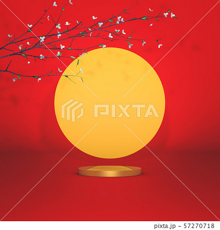 Abstract cylinder box with full moon background. Mid autumn festival background. 3d render. 57270718