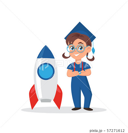 Cute little girl in graduation cap. Schoolgirl standing with rocket. Mascot for education school 57271612