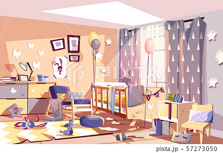 Messy Child Bedroom Sunny Interior Cartoonのイラスト素材