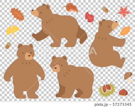 クマのイラストと秋の味覚 紅葉のアイコンセットのイラスト素材