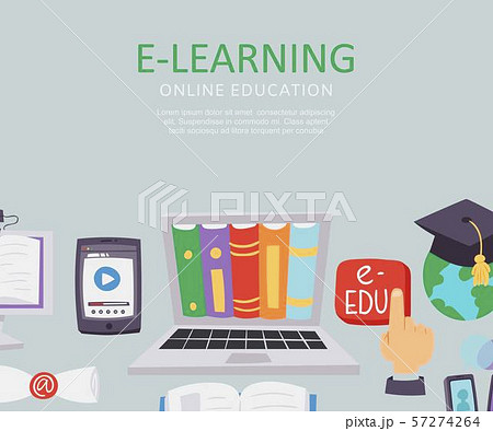 E-learning education school university vector illustration. Flat poster with monitor full of books E-learning education school university vector illustration. Flat poster with monitor full of books 57274264