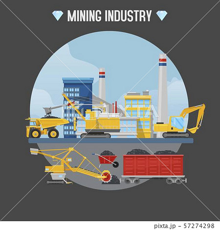 Mining industry vector illustration. Excavator loaders, hydraulic pile drilling machines, tractors Mining industry vector illustration. Excavator loaders, hydraulic pile drilling machines, tractors 57274298