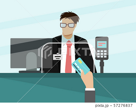 Bank cashier teller behind window vector illustration. Businessman hand with bank card for payment 57276837