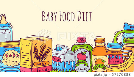 Baby healthy food banner vector illustration. First meal for babies. Baby bottles, puree jars, sippy Baby healthy food banner vector illustration. First meal for babies. Baby bottles, puree jars, sippy 57276888