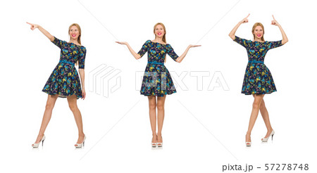 Woman in dark blue floral dress isolated on white Woman in dark blue floral dress isolated on white 57278748