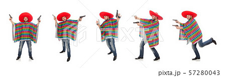 Funny mexican holding pistol isolated on white 57280043