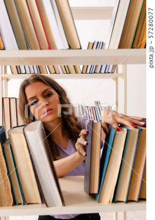 Young female student preparing for exams at library Young female student preparing for exams at library 57280077