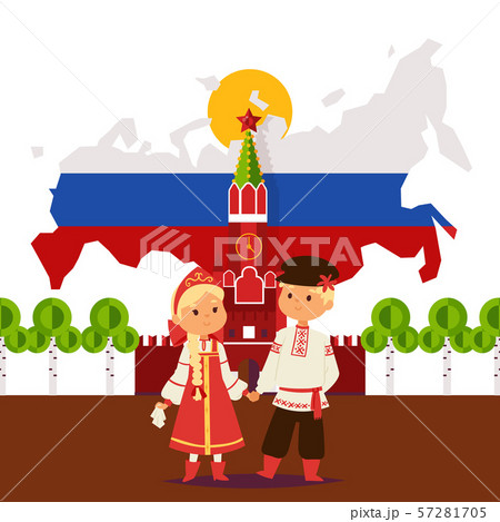 Russian boy and girl in traditional costumes, vector illustration. Presentation of Russia, smiling 57281705