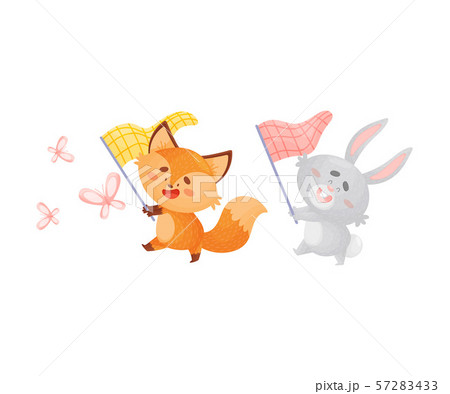 Cartoon Foxes And Hare With Butterfly Net のイラスト素材