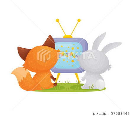 Cute Fox And Hare Are Watching Tv Together のイラスト素材