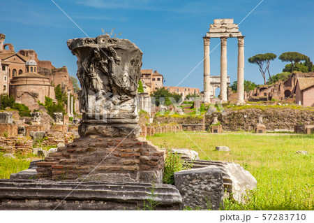 Remains of the Basilica Julia and the Temple of Castor and Pollux at the Roman Forum in Rome 57283710