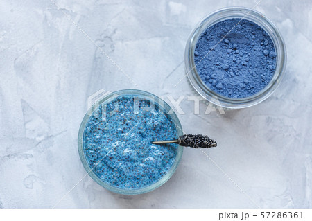 Blue spirulina chia seed pudding bowl. Superfood Blue spirulina chia seed pudding bowl. Superfood 57286361