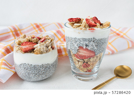 Chia pudding with almond milk, yogurt, and dried strawberries Chia pudding with almond milk, yogurt, and dried strawberries 57286420