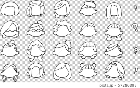 20種類の匿名の若い女性の顔　黒い輪郭線 57286895