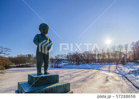 Oslo winter landscape at Vigeland Sculpture Park with statue 57288656