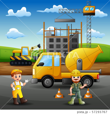 Construction worker at work with crane and machine Construction worker at work with crane and machine 57293767