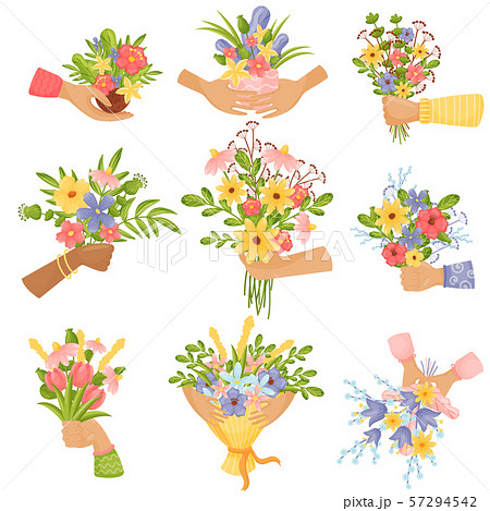 Set Hands Are Holding Bouquets Of Flowers のイラスト素材