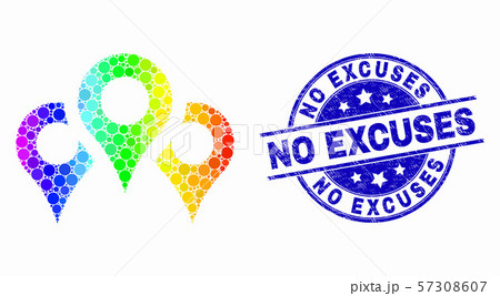Vector Rainbow Colored Pixel Map Markers Icon and Distress No Excuses Stamp Seal 57308607