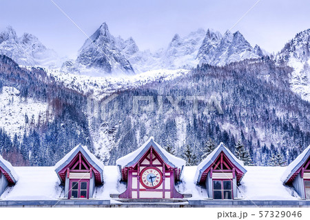 Chamonix train station, France and mountain peaks 57329046
