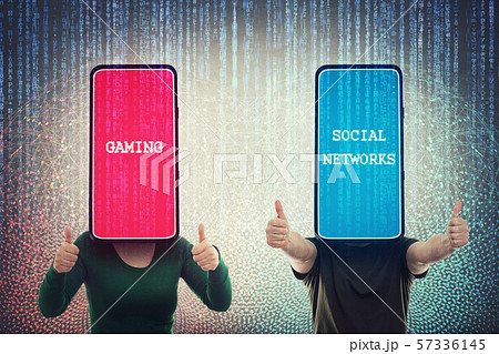 Obsessed phone headed man showing thumbs up. 57336145