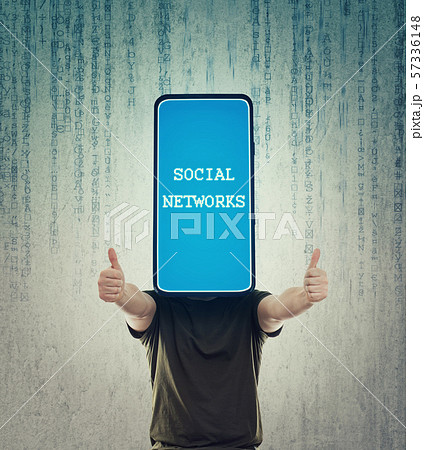 Obsessed phone headed man showing thumbs up. 57336148