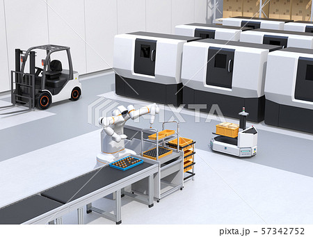 協働型双腕ロボット、AGV無人搬送車、マシニングセンタ、自動運転フォークリフトがあるスマート工場 協働型双腕ロボット、AGV無人搬送車、マシニングセンタ、自動運転フォークリフトがあるスマート工場 57342752
