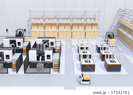 AGV無人搬送車、マシニングセンタ、ロボットセルトユニットがあるスマート工場のコンセプトイメージ 57342761