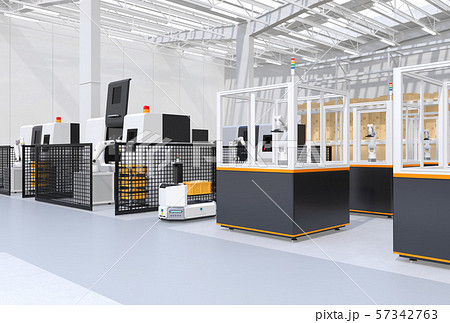AGV無人搬送車、マシニングセンタ、ロボットセルトユニットがあるスマート工場のコンセプトイメージ 57342763