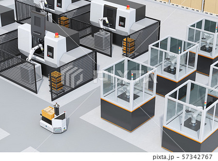 AGV無人搬送車、マシニングセンタ、ロボットセルトユニットがあるスマート工場のコンセプトイメージ AGV無人搬送車、マシニングセンタ、ロボットセルトユニットがあるスマート工場のコンセプトイメージ 57342767