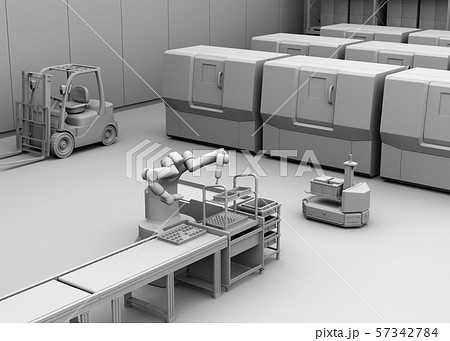 双腕ロボット、AGV無人搬送車、マシニングセンタがあるスマート工場のクレイレンダリングイメージ 57342784